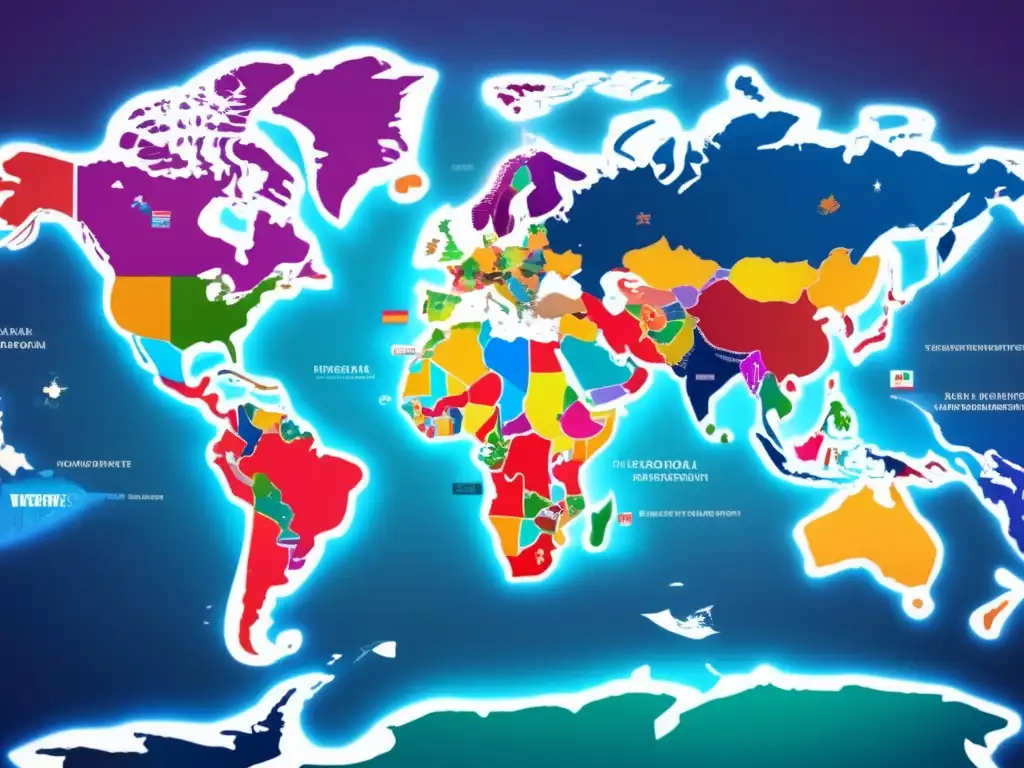 Mapa global con inversiones diversificadas Impacto de la política internacional en fondos de inversión: mapa global con colores vibrantes y diversidad geográfica