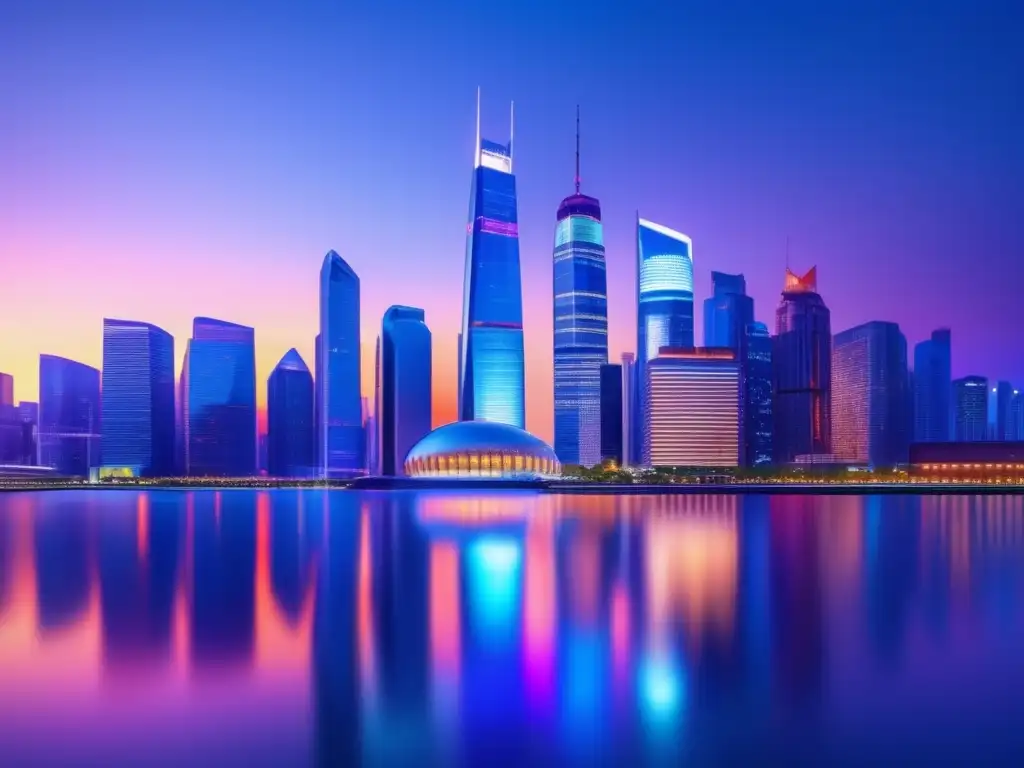Futurista ciudad financiera nocturna Impacto de la política internacional en fondos de inversión en una ciudad financiera futurista con rascacielos y profesionales discutiendo