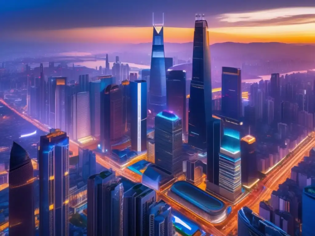 Ciudad vibrante al anochecer, simbolizando el crecimiento económico Impacto de la política monetaria expansiva en la vibrante ciudad al anochecer, reflejo del crecimiento económico y desarrollo urbano