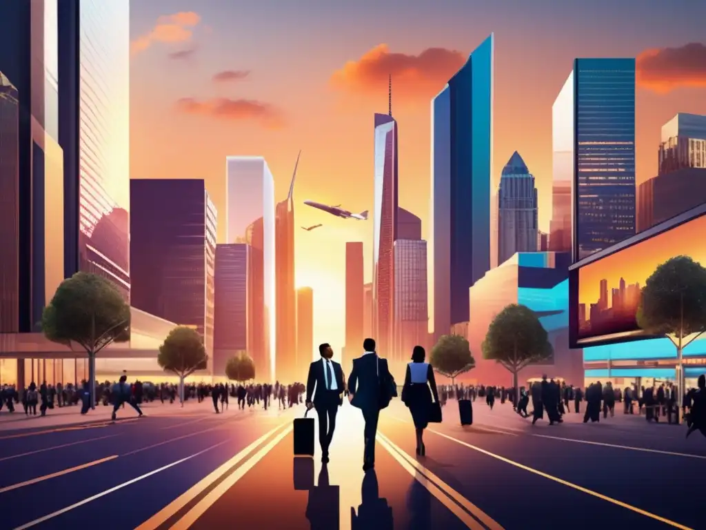 Ciudad financiera en atardecer Impacto de la política monetaria expansiva en distrito financiero al atardecer