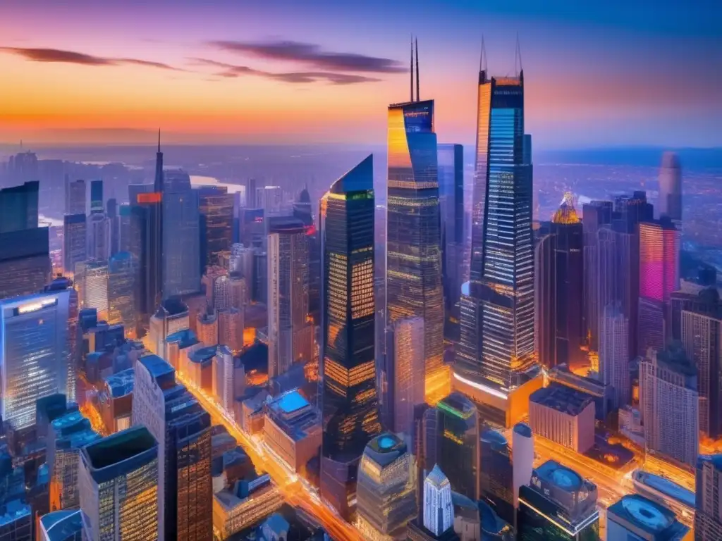 Ciudad vibrante al atardecer Impacto de la política monetaria expansiva en una ciudad llena de rascacielos, movimiento y luces