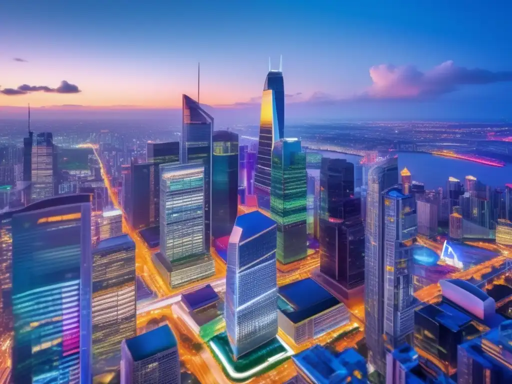 Ciudad moderna al anochecer: tecnología y progreso Impacto de políticas gubernamentales en acciones tecnológicas en una ciudad contemporánea
