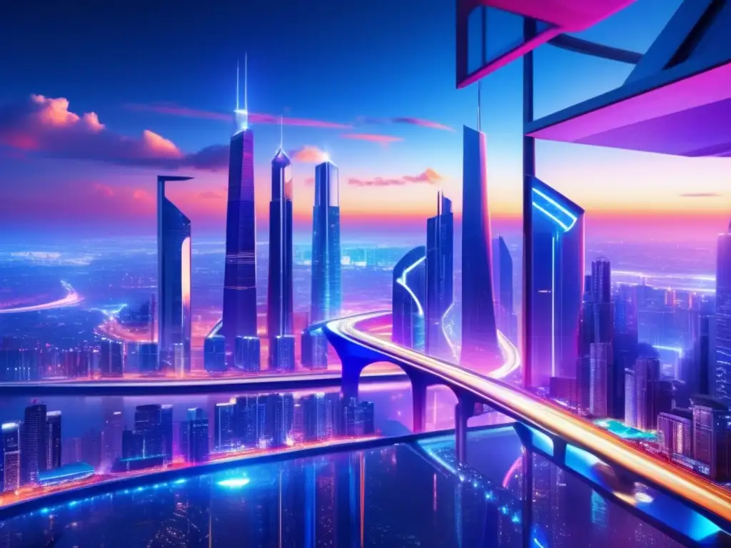 Metrópolis futurista con rascacielos y vehículos avanzados Impacto políticas gubernamentales acciones tecnológicas en ciudad futurista con rascacielos, autos voladores y luces LED