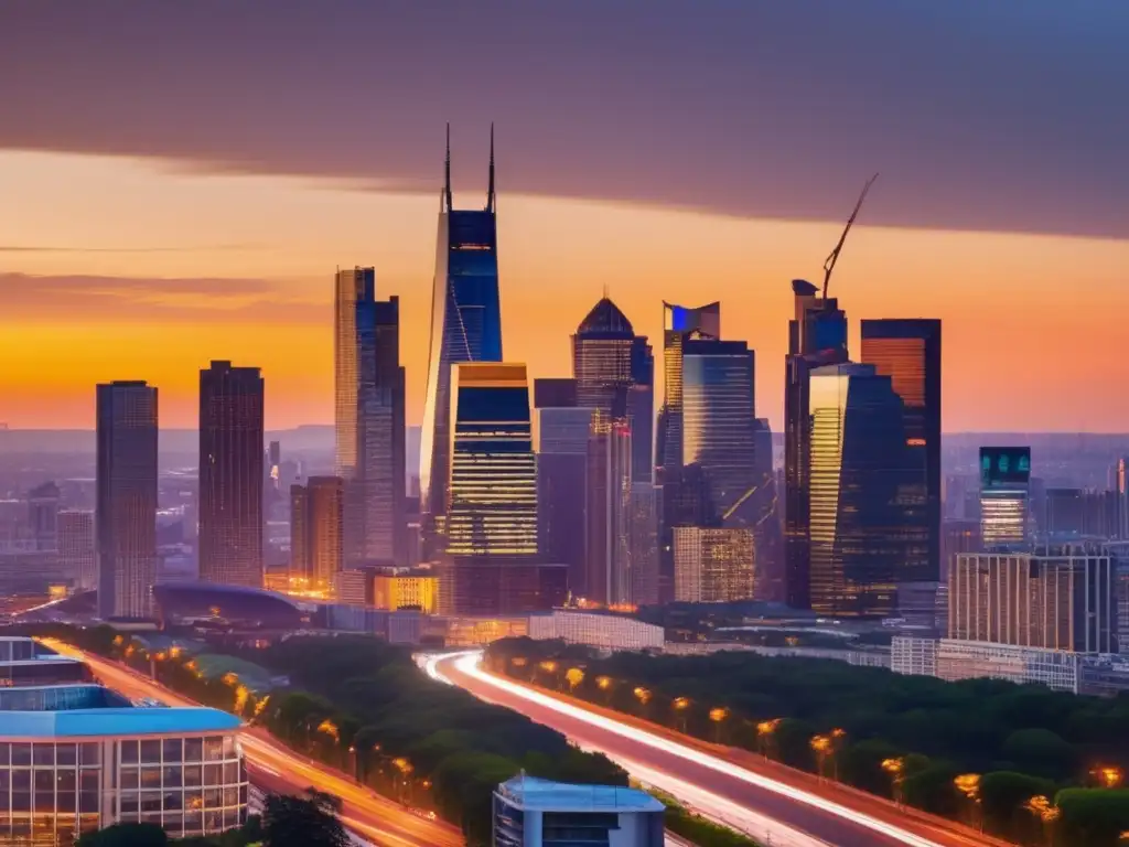 Ciudad moderna al atardecer Impacto políticas gubernamentales inversión bienes raíces en ciudad al atardecer