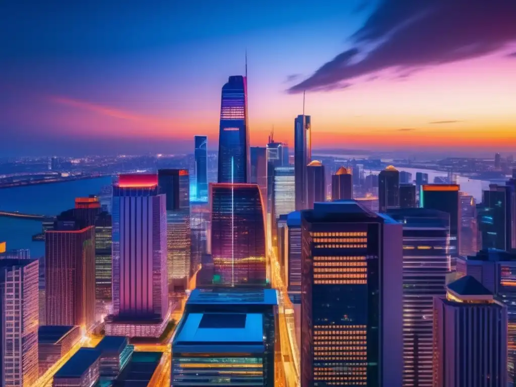 Ciudad moderna iluminada de noche Impacto políticas gubernamentales inversión bienes raíces en una ciudad vibrante al anochecer, con rascacielos modernos y luces coloridas reflejándose en los edificios
