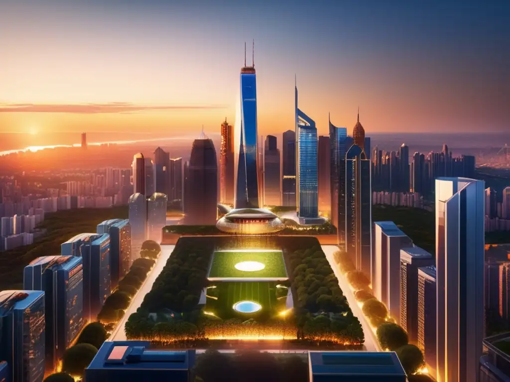 Ciudad moderna en dorado: rascacielos, luces y naturaleza Impacto de políticas gubernamentales en inversión inmobiliaria