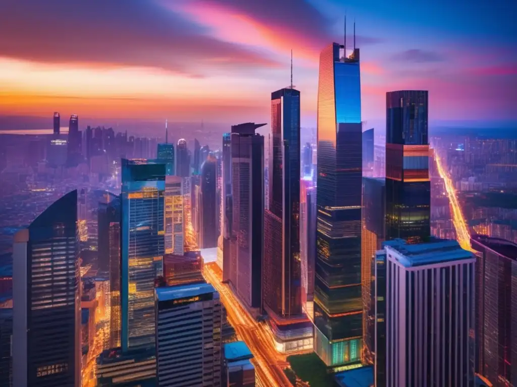 Ciudad moderna al atardecer Impacto políticas BCE en inversiones: ciudad moderna al atardecer, rascacielos, vibrante actividad urbana
