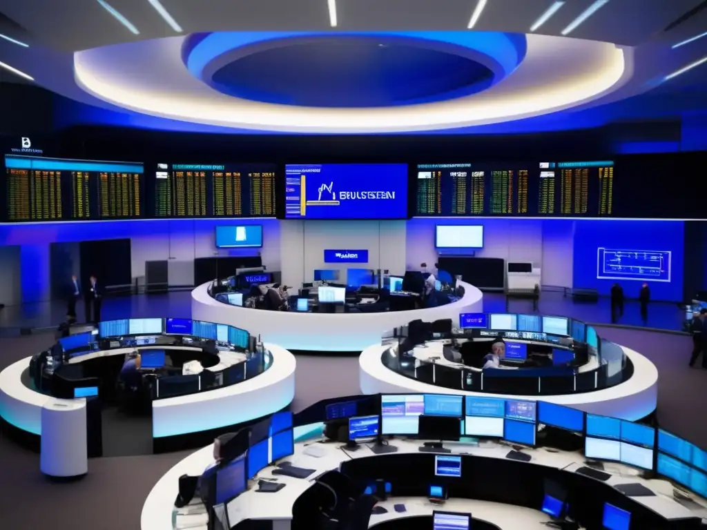 Traders en la Bolsa de Valores Impacto políticas BCE en inversiones: Bolsa europea con traders trabajando en modernas instalaciones