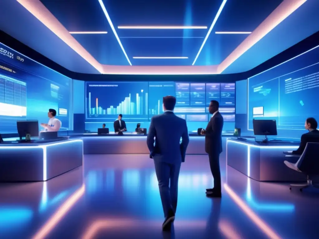 Futuro trading floor con pantallas transparentes y datos financieros Impacto políticas monetarias instrumentos derivados en trading floor futurista