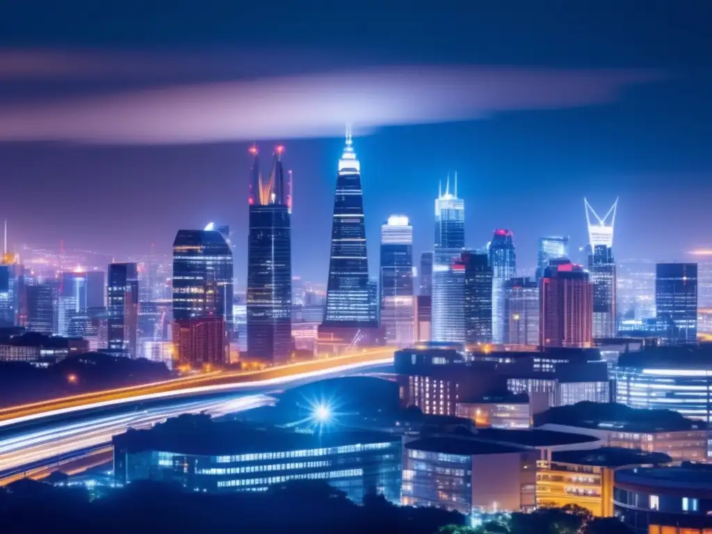 Ciudad moderna nocturna con rascacielos iluminados Impacto de políticas monetarias en instrumentos derivados en una ciudad moderna con rascacielos iluminados y dinamismo financiero