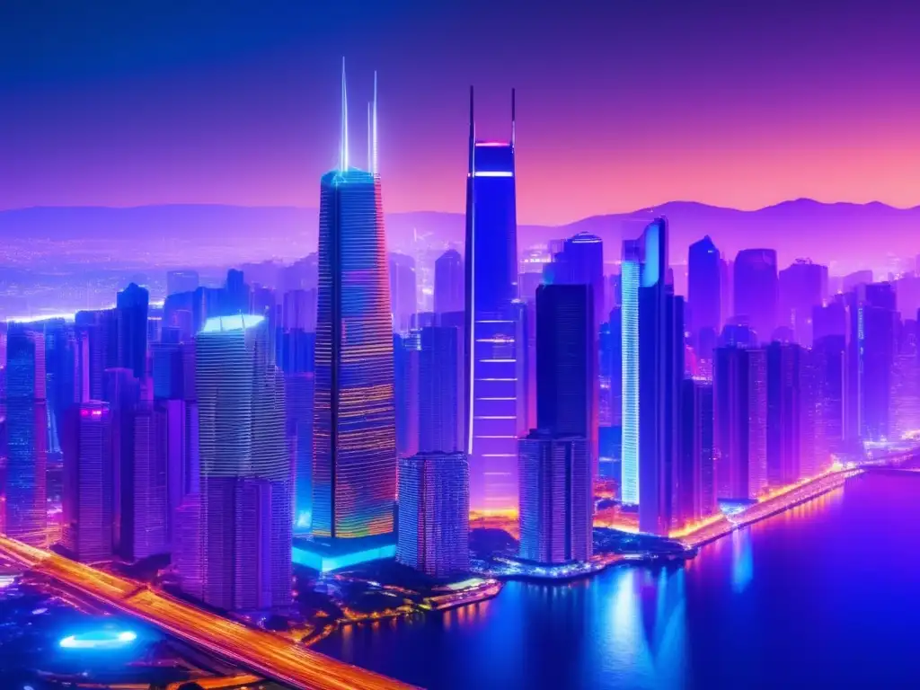 Futurista ciudad con rascacielos y vehículos eléctricos Impacto de la Regulación en Exchanges de Criptomonedas: Futurista ciudad con rascacielos de vidrio y acero, luces neón y avance