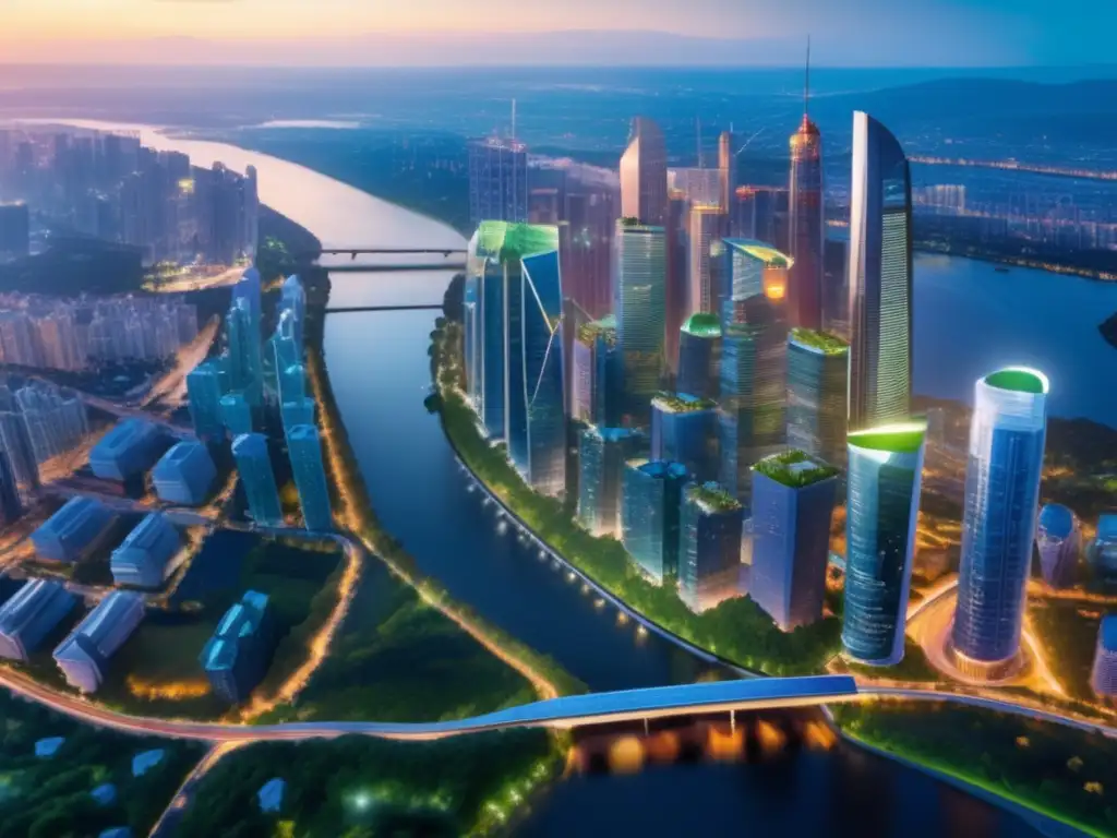 Ciudad sostenible con paisaje urbano y naturaleza Impacto REITs: ciudad sostenible con rascacielos, naturaleza, río y gráficos iluminados