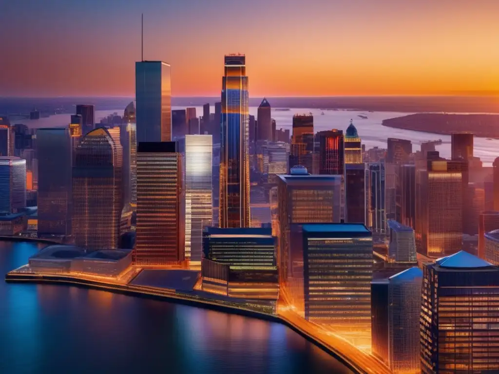 Distrito financiero moderno al atardecer Impacto Reservas Federales en Bolsa: moderno distrito financiero, rascacielos de cristal, datos bursátiles y ciudad vibrante