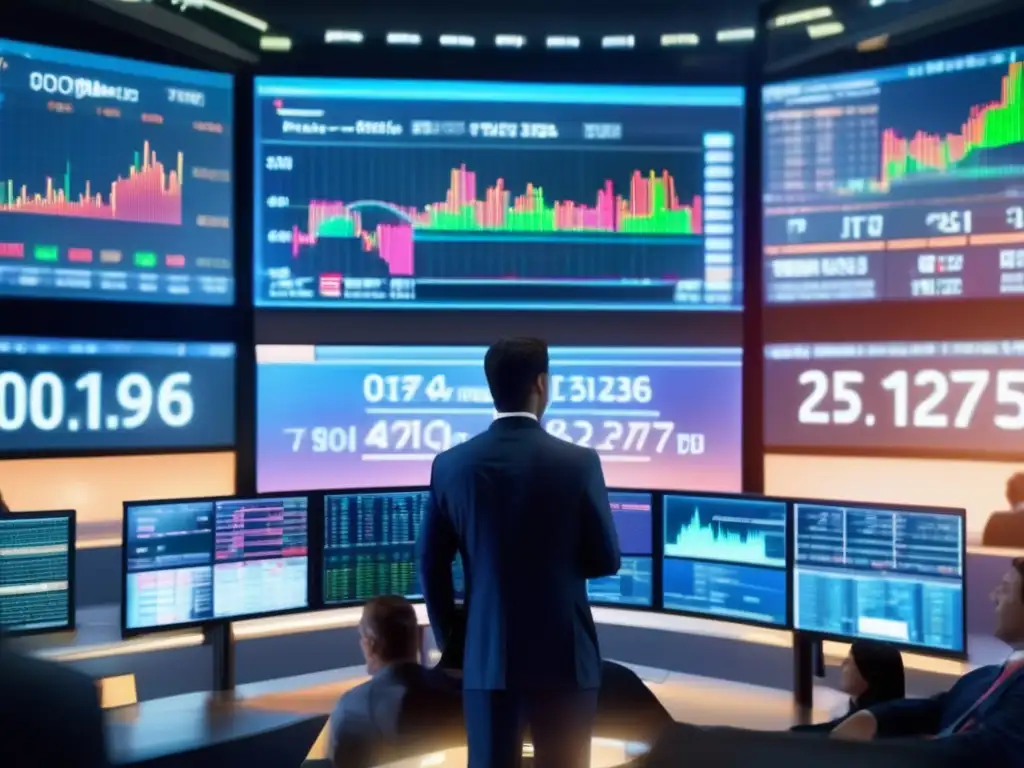 Traders analizando el mercado bursátil moderno Impacto de las Reservas Federales en la Bolsa: Traders en piso bursátil moderno, con tecnología vanguardista, discuten y analizan gráficas en tiempo real, reflejando la dinámica y energía del mercado