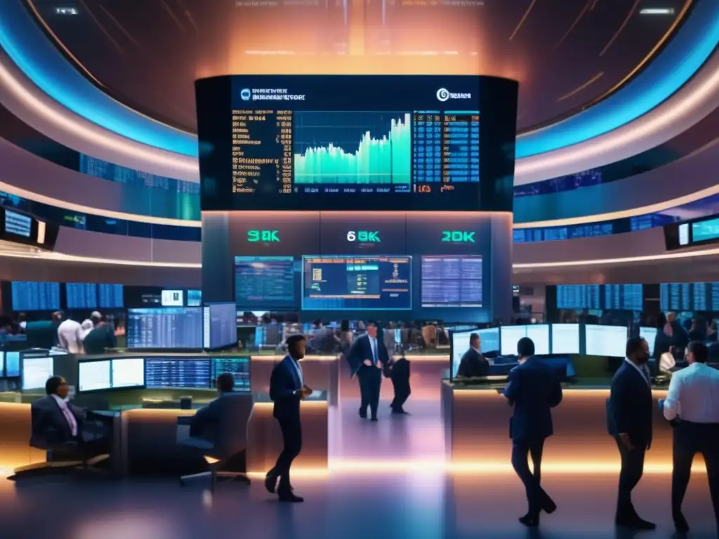 Mercado de valores con traders en acción Impacto de Reservas Federales en la Bolsa: imagen 8k muestra piso animado de bolsa, con traders y tecnología avanzada