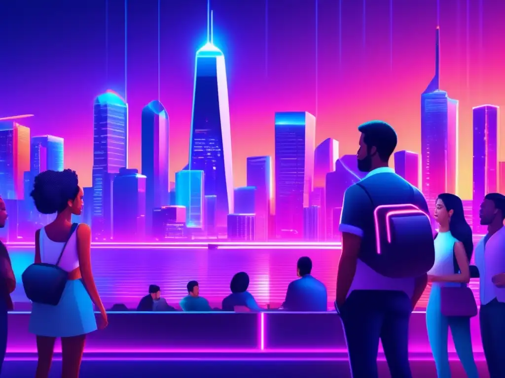 Ciudad futurista con personas discutiendo criptomonedas Impacto de tabúes financieros en una ciudad futurista y diversa