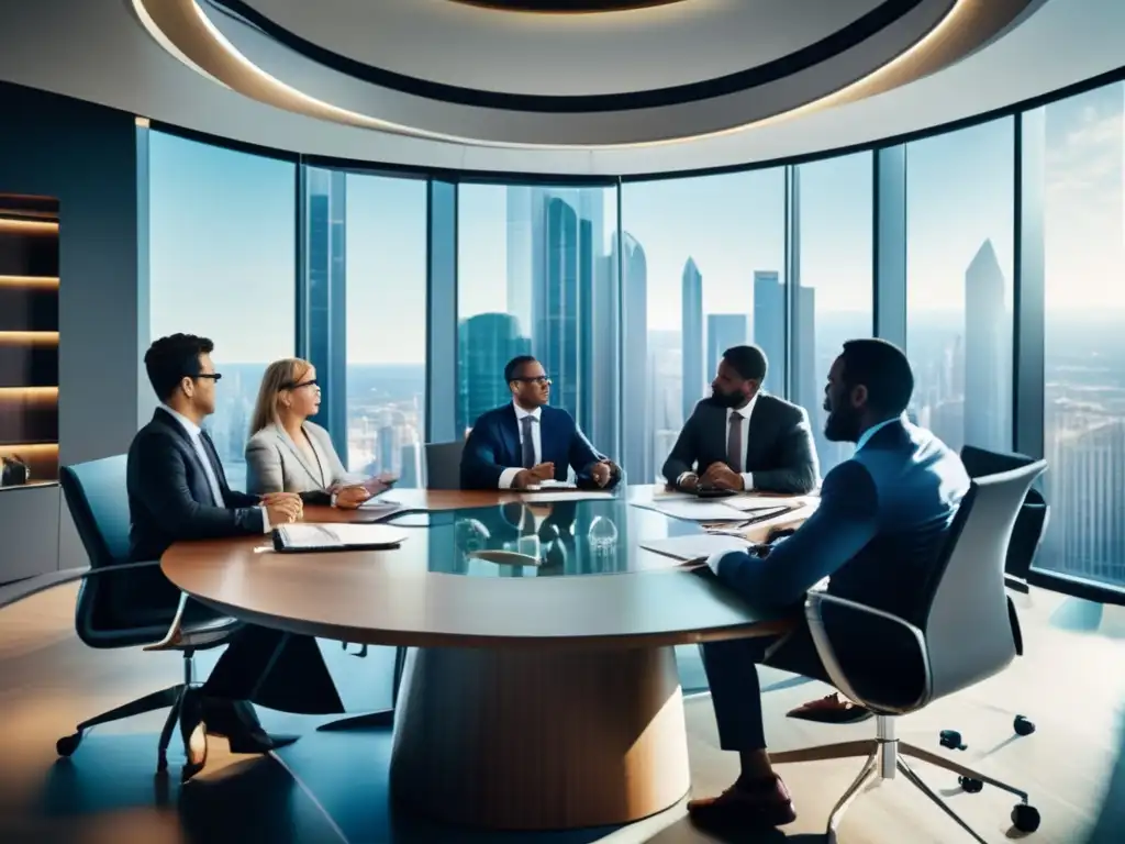 Conversación financiera en sala de juntas moderna Impacto de tabúes financieros en una reunión de negocios con personas diversas y visión hacia el futuro
