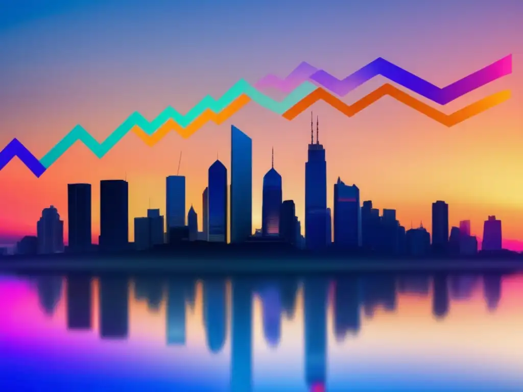 Ciudad moderna: rascacielos y gráfico de tasas de interés Impacto tasas interés inversión inmobiliaria: ciudad moderna, rascacielos, economía cambiante, volatilidad financiera, estrategias inversión