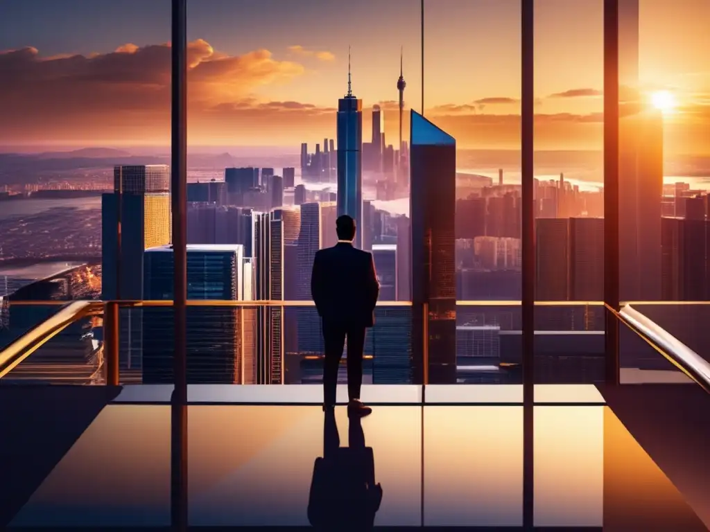 Ciudad moderna al atardecer con rascacielos y periódico Impacto tasas interés inversión inmobiliaria: Ciudad moderna al atardecer con rascacielos reflejando el sol
