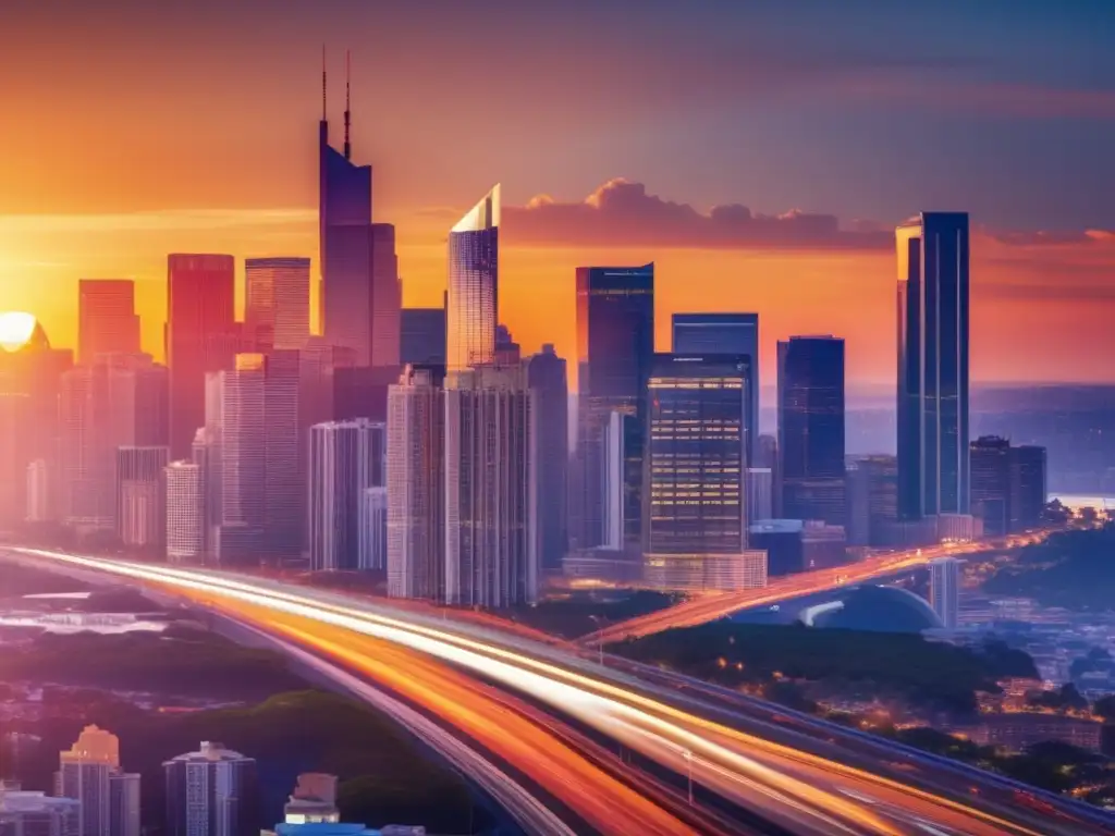 Impacto de tasas de interés en inversión inmobiliaria Impacto tasas interés inversión inmobiliaria: ciudad skyline reflejada en atardecer muestra efecto de tasas en inversión