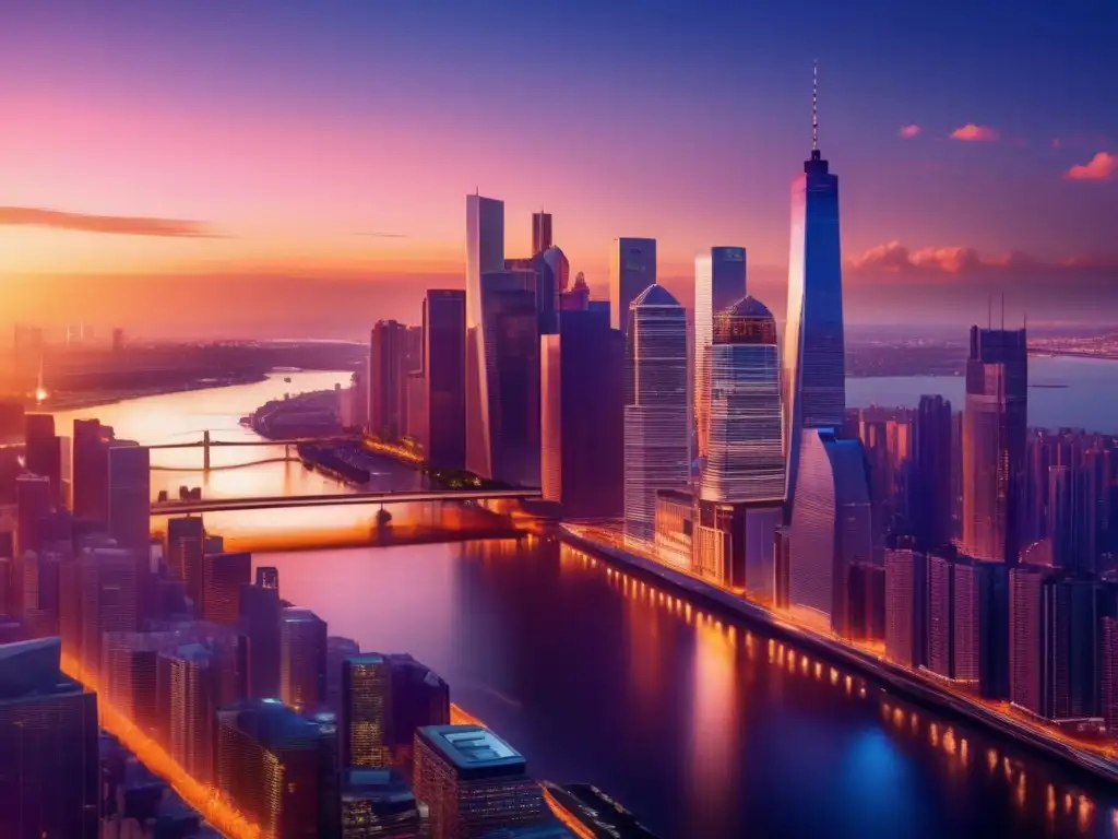 Ciudad moderna al atardecer con rascacielos iluminados Impacto tasas interés inversión inmobiliaria: Moderna ciudad al atardecer, rascacielos iluminados por el sol, profesionales en primer plano