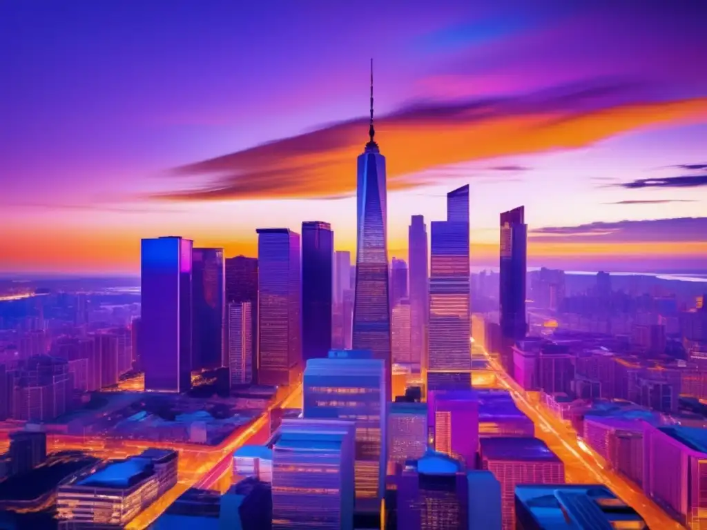 Impresionante ciudad urbana al atardecer Impacto tasas interés inversión inmobiliaria: Ciudad skyline con rascacielos dorados al atardecer