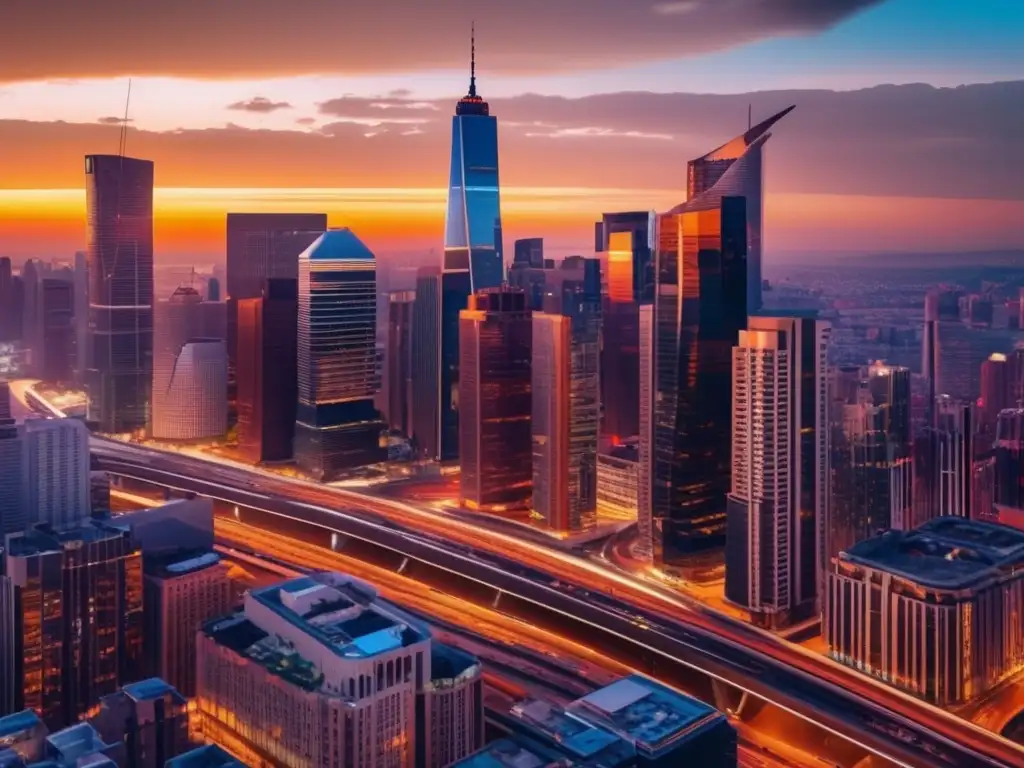 Impresionante ciudad moderna al atardecer Impacto tasas interés en mercado inmobiliario: ciudad moderna con rascacielos relucientes, reflejando cálidos tonos del atardecer