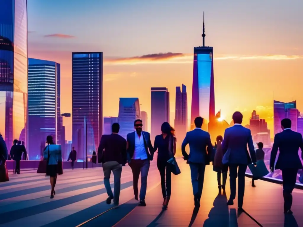 Ciudad moderna y vibrante al atardecer Impacto tasas de interés en mercados inmobiliarios - Ciudad moderna con rascacielos reflejando colores vibrantes al atardecer