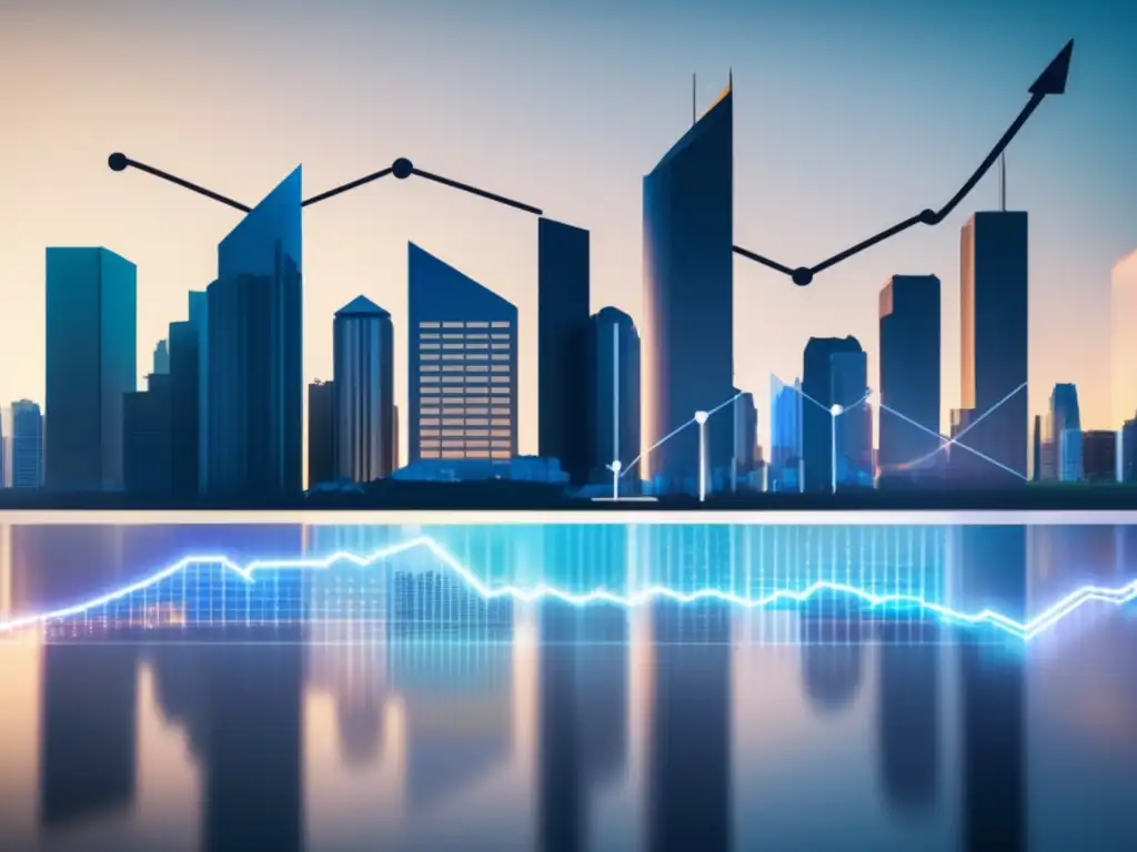 Desafíos inmobiliarios: caída de precios Impacto tasas de interés en mercados inmobiliarios: Ciudad moderna con rascacielos, gráficas de tendencias y desafíos bancarios