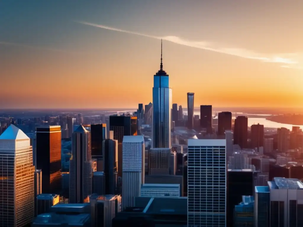 Impresionante skyline urbano con rascacielos modernos Impacto tasas de interés en mercados inmobiliarios - Foto urbana 8k, vibrante y próspera, con rascacielos modernos reflejando el mercado inmobiliario