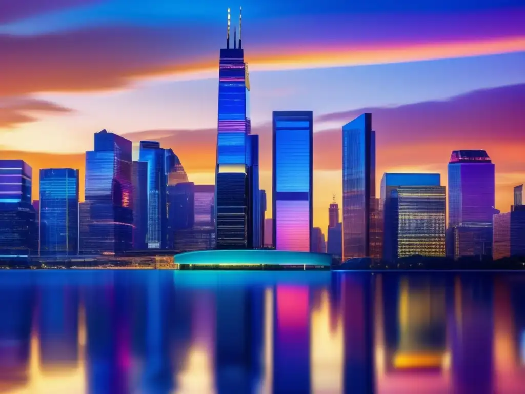 Ciudad moderna reflejada en río: efecto espejo y desafíos financieros Impacto tasas interés negativas en una ciudad moderna con rascacielos iluminados y un banco con dinero y oro