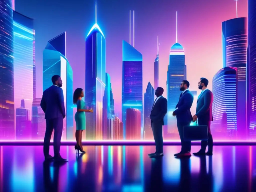 Futuro financiero: ciudad futurista con profesionales discutiendo Impacto tasas interés negativas en futurista ciudad financiera