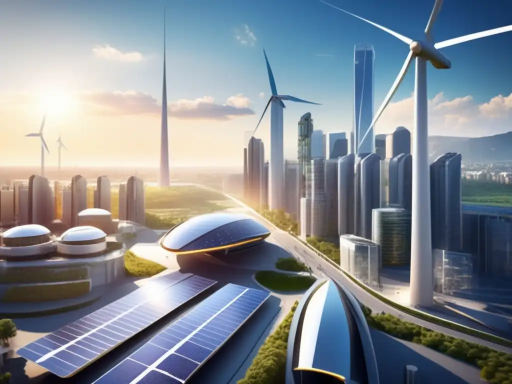 Ciudad futurista con energías renovables Impacto de tecnologías renovables en inversiones: ciudad futurista con energía solar, eólica y vehículos eléctricos