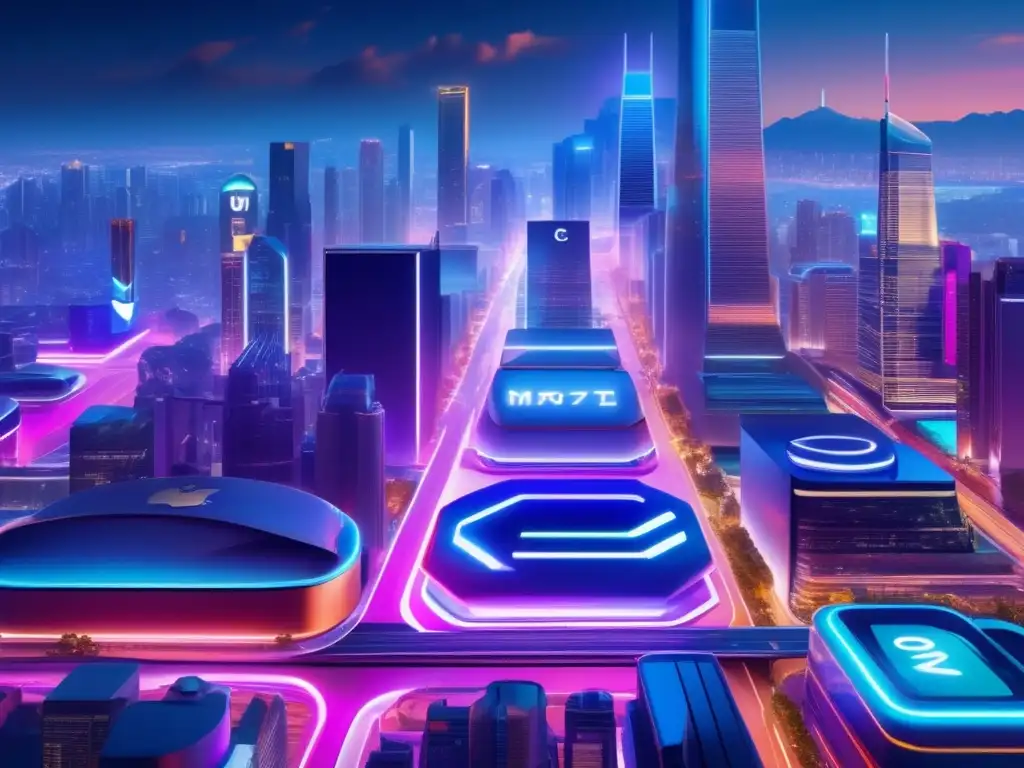 Ciudad futurista con tecnología Impacto de las tecnológicas en la ciudad con logos de Apple, Google, Amazon, Microsoft y Facebook - 8k, neon, futuro, autos autónomos