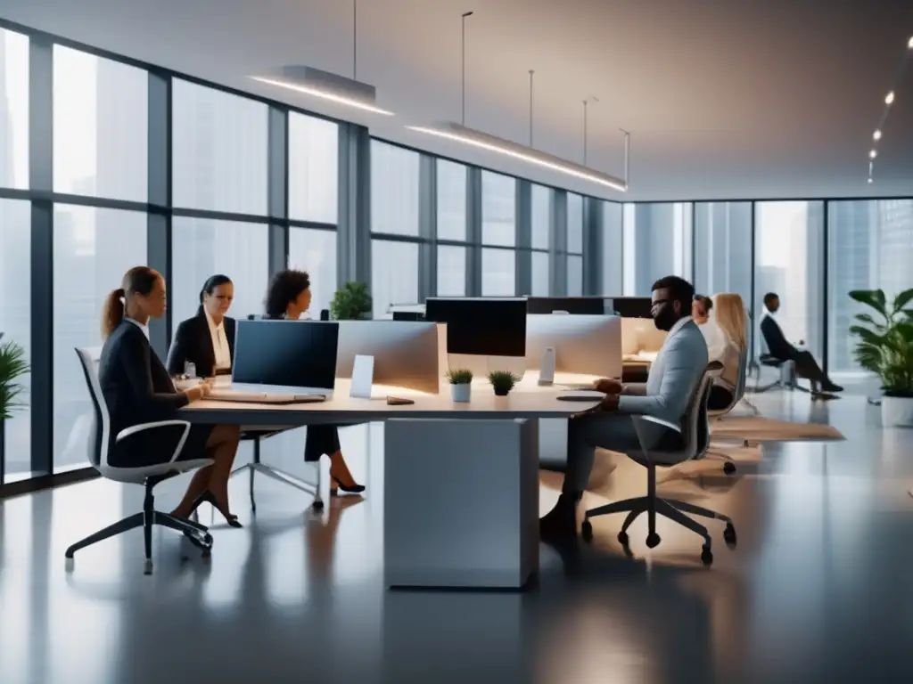 Teletrabajo inclusivo y productivo Impacto del teletrabajo en los mercados financieros: profesionales diversos trabajando en una oficina moderna con tecnología avanzada