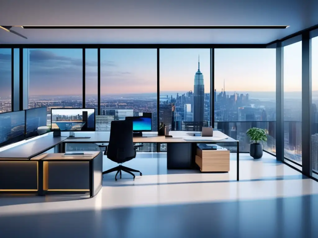 Oficina moderna y dinámica de teletrabajo Impacto del teletrabajo en los mercados financieros: Oficina moderna con vista panorámica, tecnología avanzada y ambiente profesional