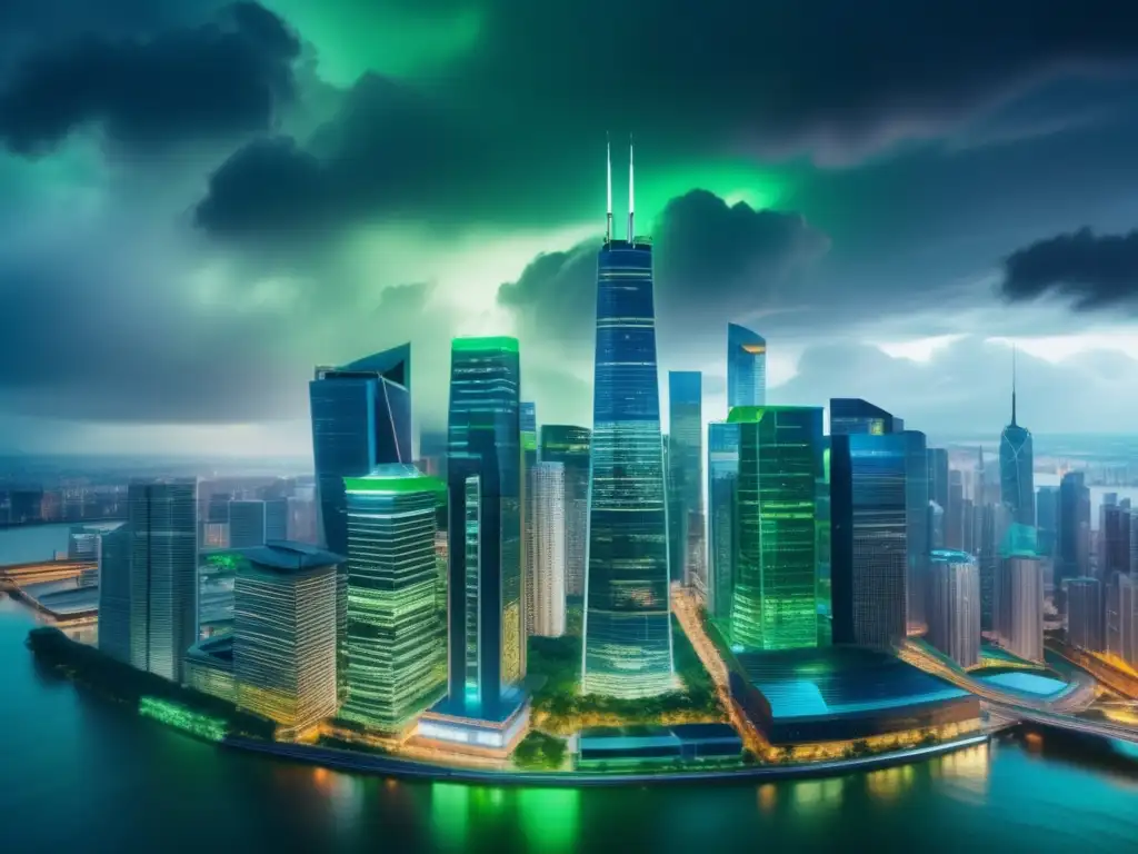 Tormenta financiera: rascacielos, inversión y crecimiento Impacto tendencias económicas inversión inmobiliaria: ciudad moderna con rascacielos, crisis financiera, fuerza y crecimiento sostenido
