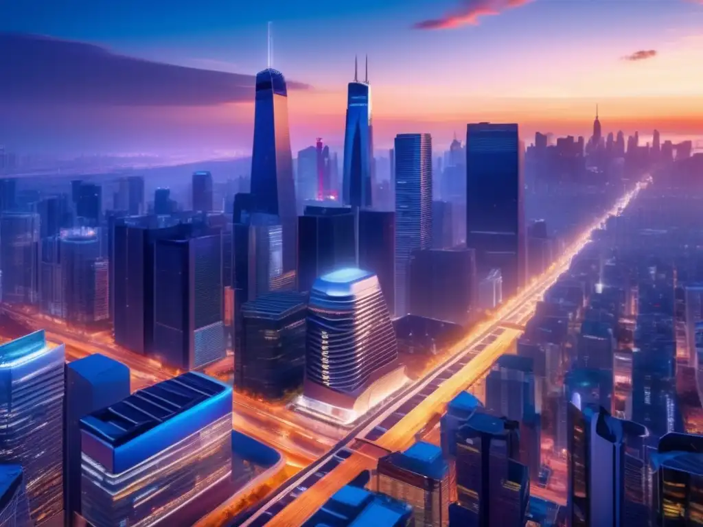 Ciudad moderna al anochecer: real estate y diversificación Impacto tensiones geopolíticas inversión: ciudad moderna, rascacielos iluminados, vida urbana, diversificación cautelosa