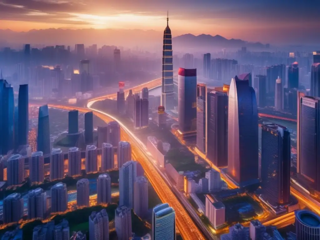 Impacto económico de tensiones políticas en Asia Impacto tensiones políticas inversiones Asia: ciudad asiática vibrante con rascacielos iluminados al atardecer, reflejados en un río sereno