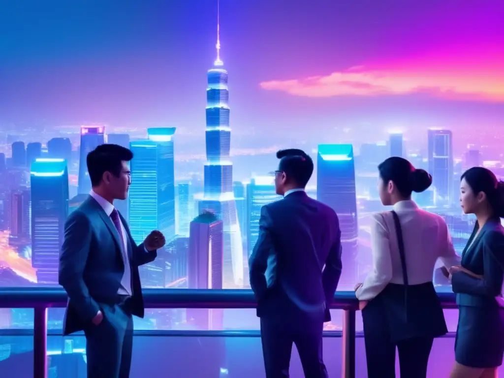 Ciudad asiática: rascacielos, luces y tensión Impacto tensiones políticas inversiones Asia: Una vibrante ciudad asiática con rascacielos iluminados, reflejo de la energía y desafíos de la región