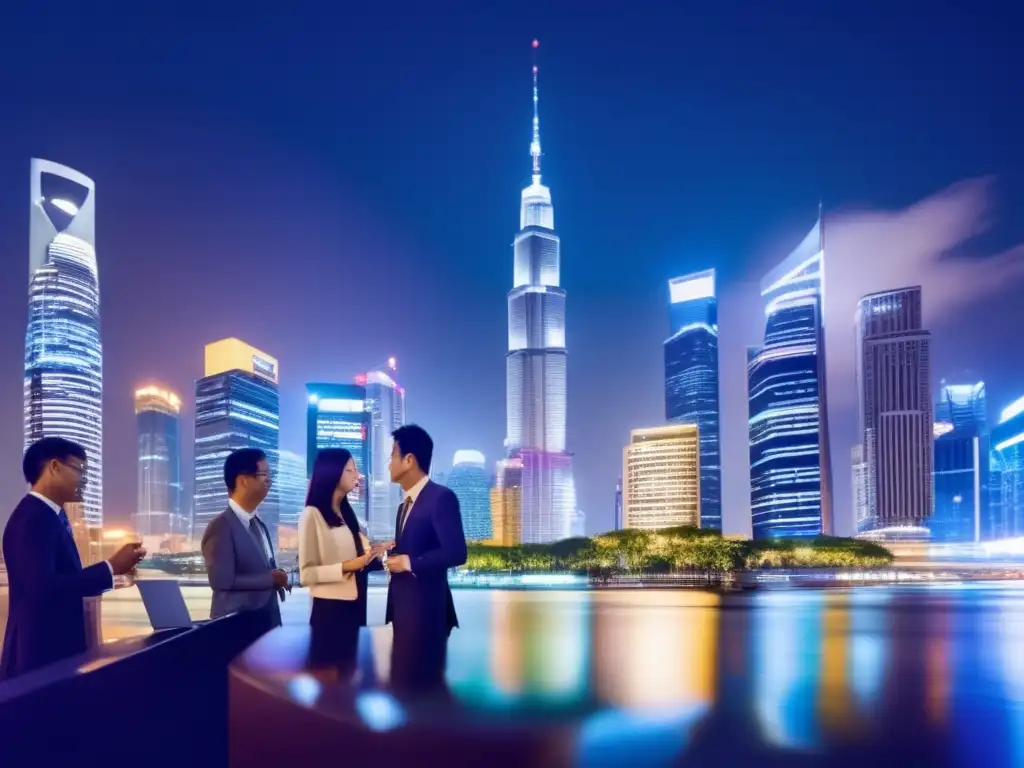 Ciudad nocturna con rascacielos y profesionales discutiendo Impacto de tensiones políticas en inversiones en Asia: ciudad nocturna con rascacielos, profesionales discutiendo