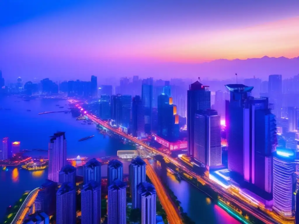 Ciudad asiática vibrante al atardecer Impacto tensiones políticas inversiones Asia: Ciudad asiática con rascacielos iluminados, simbolizando la energía y dinamismo de la región