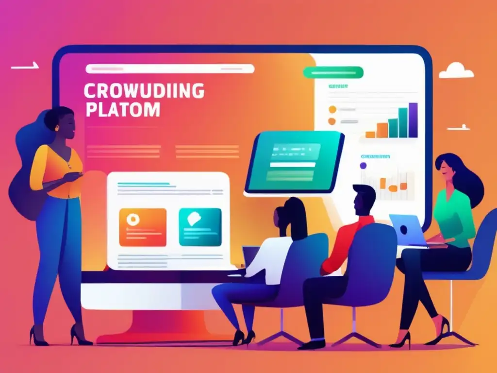 Grupo entusiasta en plataforma crowdfunding Implicaciones fiscales del crowdfunding: grupo diverso entusiasta discutiendo oportunidades de inversión en plataforma colaborativa