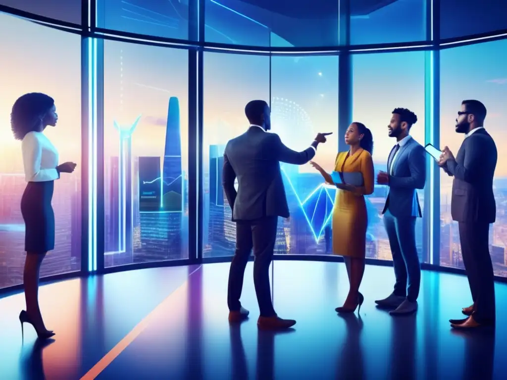 Equipo diverso en oficina moderna discutiendo datos financieros Implicaciones fiscales del crowdfunding en una oficina moderna con personas discutiendo y mirando una pantalla de datos financieros