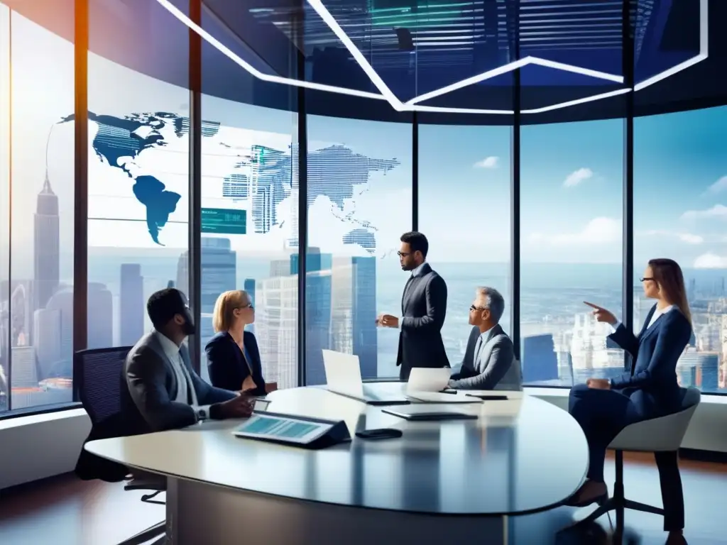 Oficina moderna con vista panorámica de la ciudad y profesionales discutiendo implicaciones fiscales y oportunidades de inversión en ETF internacionales Implicaciones fiscales invertir ETFs internacionales, oficina moderna con vista panorámica y profesionales analizando gráficos