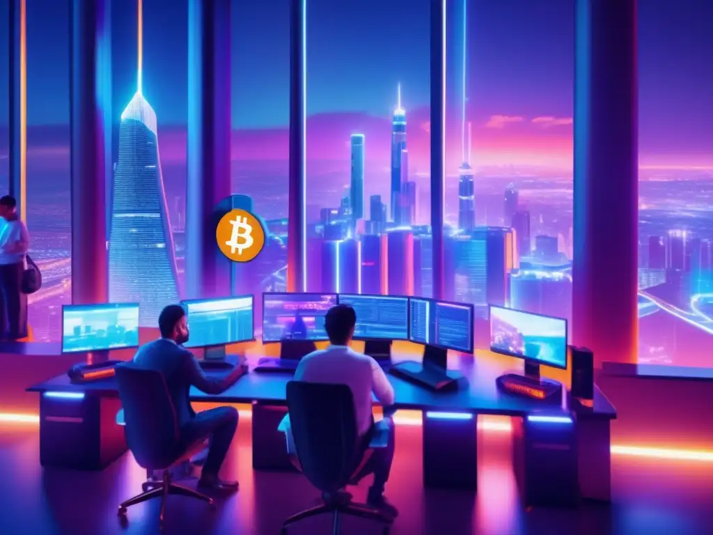 Legalidad del Bitcoin Mining Implicaciones legales minar Bitcoin en ciudad futurista con personas minando y tecnología avanzada