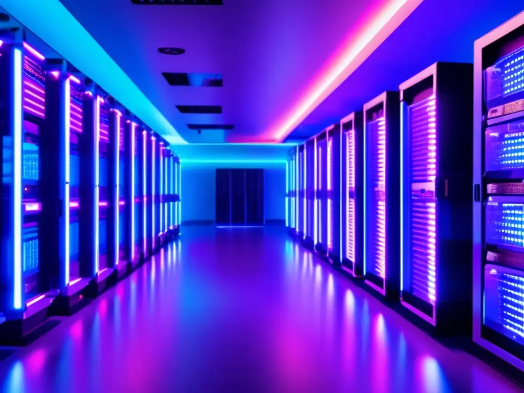 Granja de minería de criptomonedas moderna y sofisticada Implicaciones legales minar Bitcoin: Granja de minería criptográfica moderna y sofisticada con iluminación ambiental en tonos azul y morado