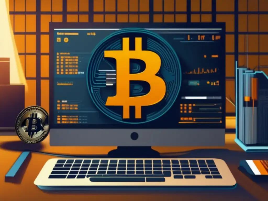 Minería de Bitcoin: Implicaciones legales Implicaciones legales al minar Bitcoin con una imagen moderna de una pantalla de computadora con una configuración de minero y símbolos legales