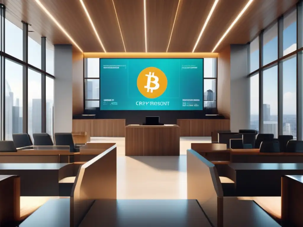 Moderno tribunal con abogados discutiendo caso de minería de bitcoin Implicaciones legales minar Bitcoin en moderno tribunal con abogados y tecnología avanzada