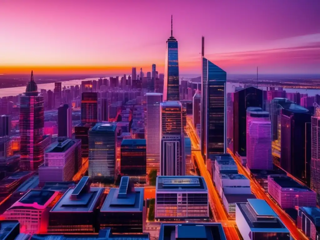 Ciudad moderna al atardecer Una imponente imagen 8k muestra una panorámica de una moderna ciudad al atardecer